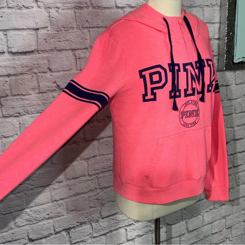 Victoria’s Secret PINK Neon Coral 1/4 Zip Hoodie Sweatshirt Kangaroo Pocket - Picture 5 of 7